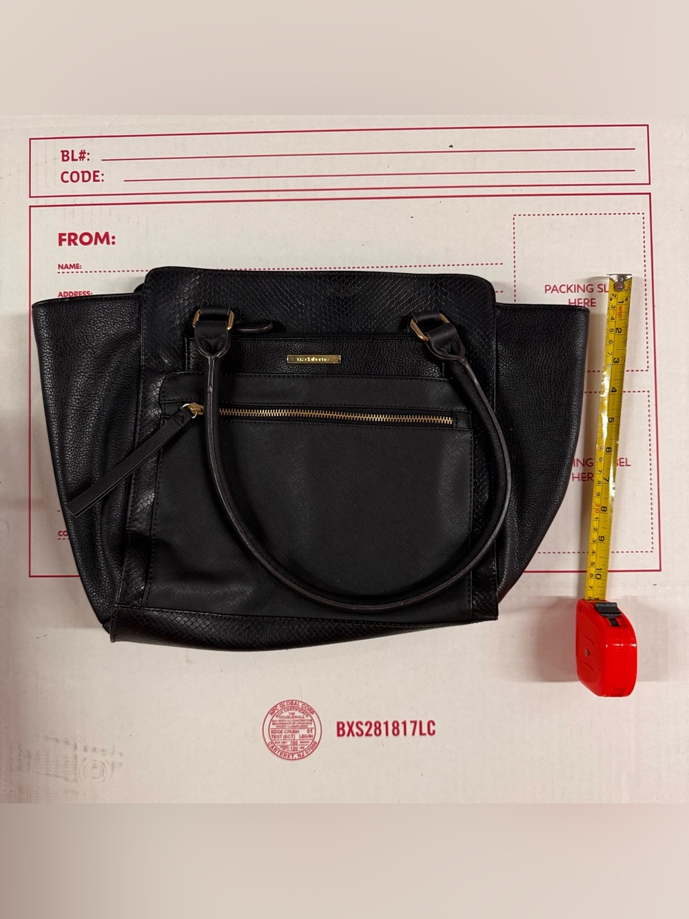 Liz Claiborne Black Leather Shoulder Tote with Front Zip Pocket